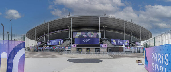 Paris, France - 07 19 2024: Paris 2024 new Olympic infrastructure. Exterior view of the Stade de France building in Saint-Denis