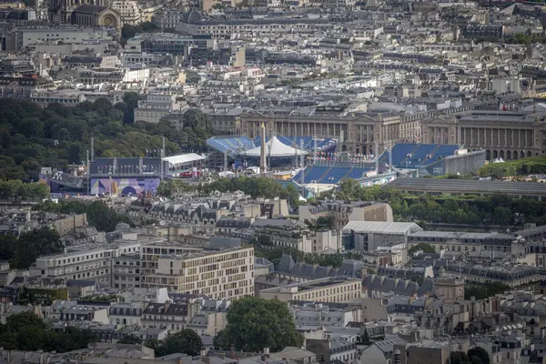 stock image Paris, France - 07 22 2024: Olympic Games Paris 2024. View of the Olympic site facilities for Basketball, Breaking, Cycling BMX Freestyle, Skateboarding around Place De La Concorde from Montparnasse Tower