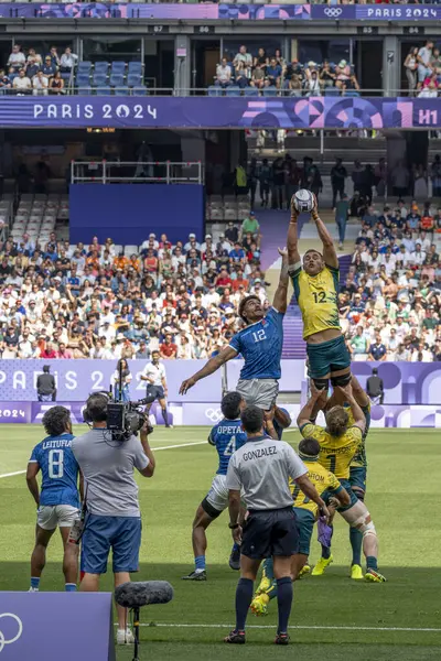 stock image Paris, France - 07 24 2024: Olympic Games Paris 2024. View of the Austria versus Samoa rugby teams playing in the stadium during the first day of The Olympic rugby tournament