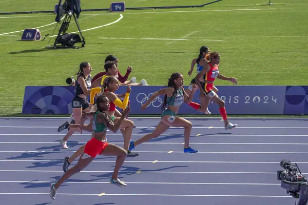 stock image Paris, France - 08 02 2024: Olympic Games Paris 2024. View of women's 100m qualification in the stadium during the first day of The Olympic Athletics events