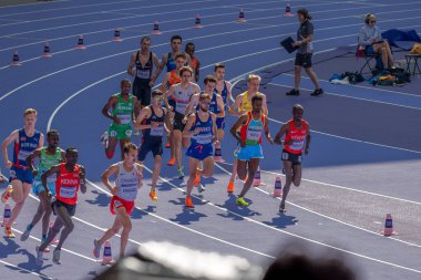 Paris, Fransa - 08 07 2024: Paris Olimpiyat Oyunları 2024. Olimpiyat Atletizm müsabakaları sırasında stadyumdaki 5.000 metre erkekler ilk turu izleniyor