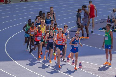 Paris, Fransa - 08 07 2024: Paris Olimpiyat Oyunları 2024. Olimpiyat Atletizm müsabakaları sırasında stadyumdaki 5.000 metre erkekler ilk turu izleniyor
