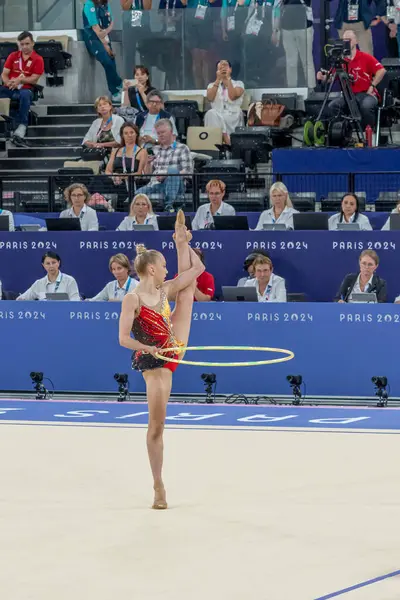 stock image Paris, France - 08 08 2024: Olympic Games Paris 2024. View of wommen's rotation hoop individual all-around rhythmic gymnastics in the Adidas Arena during The Olympic Athletics events