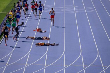 Paris, Fransa - 08 07 2024: Paris Olimpiyat Oyunları 2024. Olimpiyat Atletizm müsabakaları sırasında stadyumdaki 5.000 metre erkekler ilk turu izleniyor