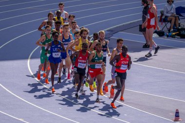 Paris, Fransa - 08 07 2024: Paris Olimpiyat Oyunları 2024. Olimpiyat Atletizm müsabakaları sırasında stadyumdaki 5.000 metre erkekler ilk turu izleniyor