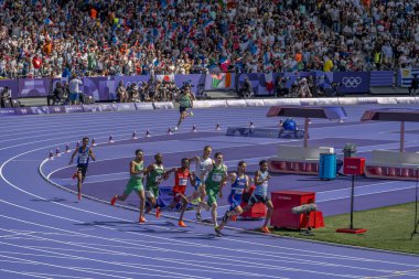 Paris, Fransa - 08 07 2024: Paris Olimpiyat Oyunları 2024. Olimpiyat Atletizm müsabakaları sırasında stadyumdaki 800 metre erkekler ilk turu izleniyor
