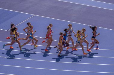 Paris, Fransa - 08 07 2024: Paris Olimpiyat Oyunları 2024. Olimpiyat Atletizm müsabakaları sırasında stadyumda kadınların 1500 metre seçmeleri izleniyor