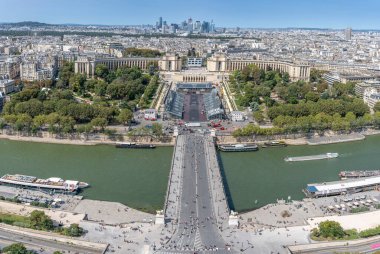 Paris, France - 08 22 2024: Olympic Games Paris 2024. View of Trocadero, Iena Bridge and the Olympic site facilities for Athletics from Second floor of Eiffel Tower clipart