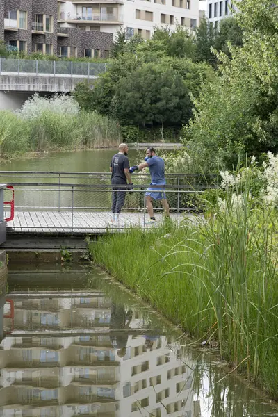 stock image Paris, France - 07 20 2024: Clichy-Batignolles Martin Luther King Park. view of the park's pond reeds vegetation, two men boxing and the buildings around