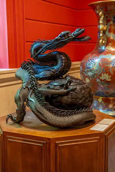 stock image Paris, France - 07 20 2024: Cernuschi museum. Dragon incense burner, bronze by Kimura Toun, Japan