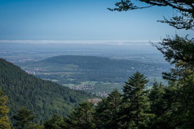 Mont Sainte-Odile, Fransa - 09 0078 2024: Alsatian şarap rotası. Mont Sainte-Odile 'den düzlüğün panoramik görünümü