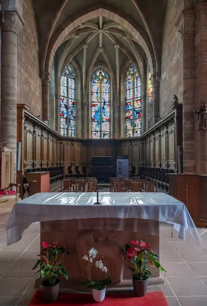 Stock image Etival-Clairefontaine, France - 09 01 2024: Saint-Pierre Abbey. Panoramic view inside the Abbey of Notre-Dame Chapel from the transept