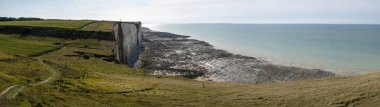 Panoramic view of Cliffs, pastures, meadows and the sea from coastal path clipart