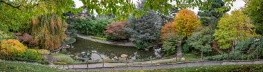 Boulogne-Billancourt, Fransa - 112 2024: Albert Kahn 'ın bahçesi. Koi göletinin pan9oramik manzarası, renkli ağaçlar ve sonbaharda Japon bahçesindeki kırmızı akçaağaç yaprakları.