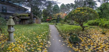 Boulogne-Billancourt, France - 11 12 2024: Albert Kahn's garden. Panoramic view of a wooden villa and colorful trees in a Japanese garden clipart