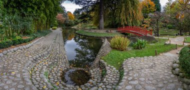 Boulogne-Billancourt, Fransa - 112 2024: Albert Kahn 'ın bahçesi. Koi göletinin panoramik manzarası, renkli ağaçlar ve sonbaharda Japon bahçesindeki kırmızı akçaağaç yaprakları.