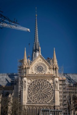 Paris, Fransa - 128 2024 Notre Dame de Paris. Notre-Dame katedralinin ön avlusunun panoramik görüntüsü