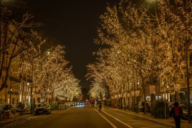 Paris, Fransa - 12: 11 2024: Montaigne Bulvarı boyunca ağaçlardaki Noel ışıklarının görüntüsü