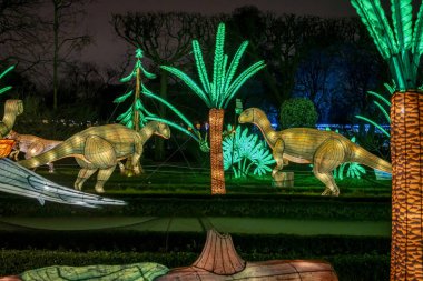 Paris, France - 12 12 2024: Discovering Jurassic species in the alleys of the Jardin des Plantes, which are being illuminated by Christmas night clipart