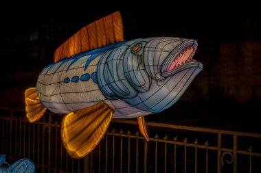 Paris, Fransa - 12: 2024: Jardin des Plantes 'in sokaklarında Jurasik türleri keşfetmek, ki bunlar Noel gecesi aydınlatılıyor