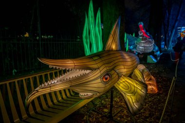 Paris, Fransa - 12: 2024: Jardin des Plantes 'in sokaklarında Jurasik türleri keşfetmek, ki bunlar Noel gecesi aydınlatılıyor