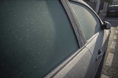 Detail of a stationary black car covered in frost in winter clipart