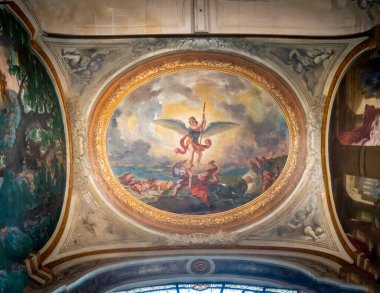 Paris, France - 12 14 2024: Saint-Germain-des-Pres district. Panoramic view of the Chapel of the Holy Angels painted by Eugene Delacroix inside Saint-Sulpice Church clipart