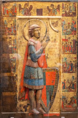 Paris, Fransa - 03 01 2025: Cimabue, İtalyan Resimlerinin Kökeni. Aziz Georges, kabartma panele altın ve içki.