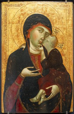 Paris, Fransa - 03 01 2025: Cimabue, İtalyan Resimlerinin Kökeni. Virging ve Child, sağda, panelde altın ve içki var.
