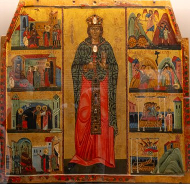 Paris, Fransa - 03 01 2025: Cimabue, İtalyan Resimlerinin Kökeni. Dossal sunak, İskenderiyeli Aziz Catherine, panelde altın ve içki.