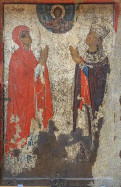 Paris, France - 03 01 2025: Cimabue, The Origins of Italian Painting. Saint Marina And Saint Irene, tempera and gold on panel clipart