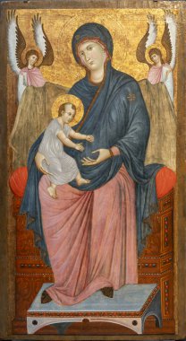 Paris, Fransa - 03 01 2025: Cimabue, İtalyan Resimlerinin Kökeni. Virging and Child, tempera and gold on panel
