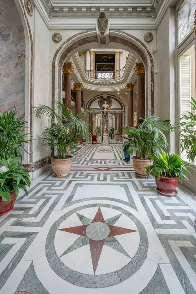 Paris, Fransa - 03 22 2025: Andre Jacquemart Müzesi. Kış bahçesinin panoramik manzarası ve müzenin bitki ve heykelleri.