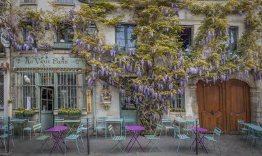 Paris, Fransa - 04: 12 2025: Au Vieux Paris d 'Arcole. Çiçek açmış bir salkım ağacı olan tipik bir Paris restoranı manzarası