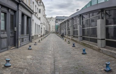 Paris, Fransa - 04 19 2025: Renkli yaya koruma kalınlıklarına sahip tipik bir kaldırım manzarası