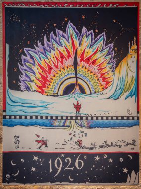 Paris, Fransa - 04 19 2025: Aubusson Tolkien örüyor. J. R. R. Tolkienand 'ın Bernardins Koleji' nin girişinde sergilenen halılar ve halılardan esinlenilmiştir.
