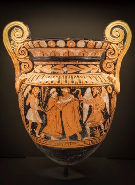 Paris, Fransa - 05 03 2025: Bibliotheque Nationale de France Richelieu Müzesi. Terracotta, Volute Krater, Alcestis 'e ve iki şeytan arasındaki Admetus' a elveda.