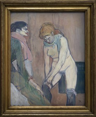 Paris, Fransa - 05: 12 2025: Pompidou Merkezi. Çoraplarını çeken kadın Henri De Toulouse Lautrec tarafından boyanmış.