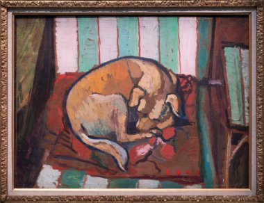 Paris, Fransa - 05: 12 2025: Pompidou Merkezi. Suzanne Valadon 'un boyadığı yastığın üzerinde uyuyan köpek.