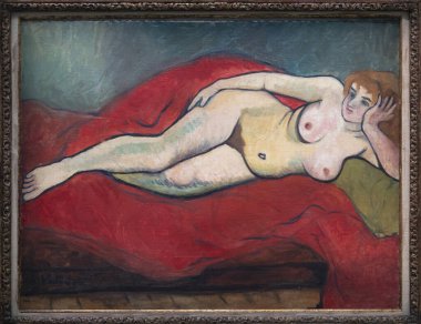 Paris, Fransa - 05: 12 2025: Pompidou Merkezi. Suzanne Valadon tarafından yapılan Red Drapery ile Çıplak Yerde Yatmak