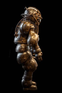 Paris, Fransa - 05: 29 2025: Ulusal Deniz Müzesi. Çelik, Kurşun, Cam ve Deri 'den yapılmış Katı Eklemli Derin Deniz Dalış Giysisinin Prototipi