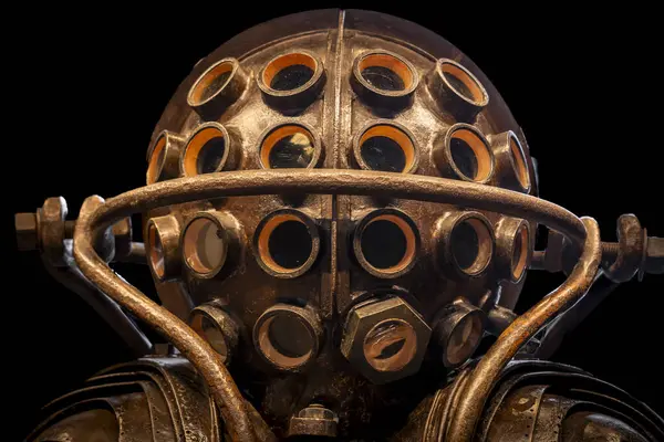 Paris, Fransa - 05: 29 2025: Ulusal Deniz Müzesi. Çelik, Kurşun, Cam ve Deri 'den yapılmış Katı Eklemli Derin Deniz Dalış Giysisinin Prototipi