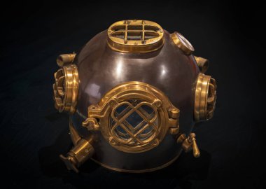 Paris, Fransa - 05: 29 2025: Ulusal Deniz Müzesi. Siyah arkaplandaki bakır dalgıç miğferinin ayrıntıları