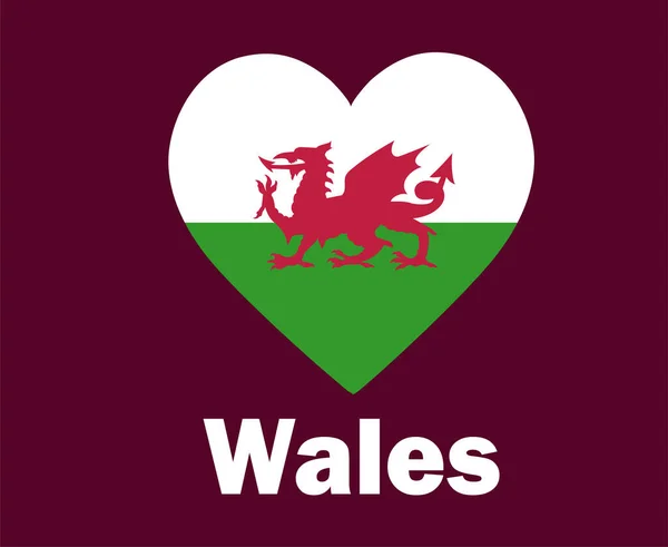 Pays Galles Drapeau Coeur Avec Noms Symbole Design Europe Football — Image vectorielle