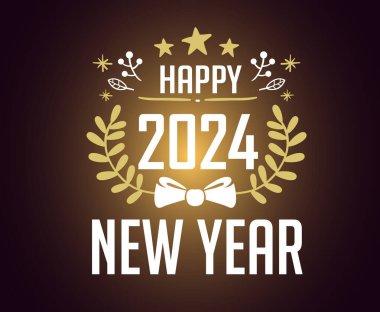 Mutlu yıllar 2024 Soyut Beyaz ve Kahverengi Logo Sembol Tasarım Vektör İllüstrasyonu Altın Arkaplan
