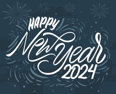 Mutlu yıllar 2024 Soyut Beyaz Logo Sembol Tasarım Vektör Çizimi Mavi Arkaplan