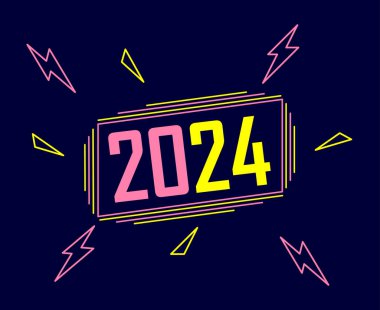 Mutlu Yıllar Soyut Neon Pembesi ve Sarı Tasarım Vektör Sembol İllüstrasyonu Mavi Arkaplanlı