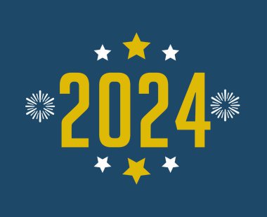 2024 Mutlu Yıllar Soyut Sarı ve Beyaz Grafik Tasarım Vektörü Logo İllüstrasyonu Mavi Arkaplan