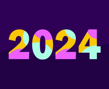 Mutlu yıllar 2024 Soyut Tatil Soyut Çok Renkli Grafiksel Tasarım Vektör Sembol İllüstrasyonu Mor Arkaplan