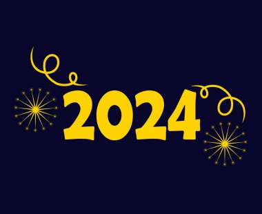 Mutlu yıllar 2024 Soyut Sarı Grafik Tasarım Vektör Sembol İllüstrasyonu Mavi Arkaplan